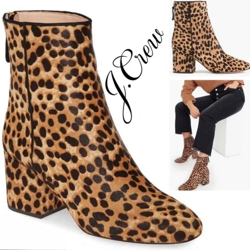 J.Crew Sadie leopard calf hair leather ankle boots block heel round toe booties